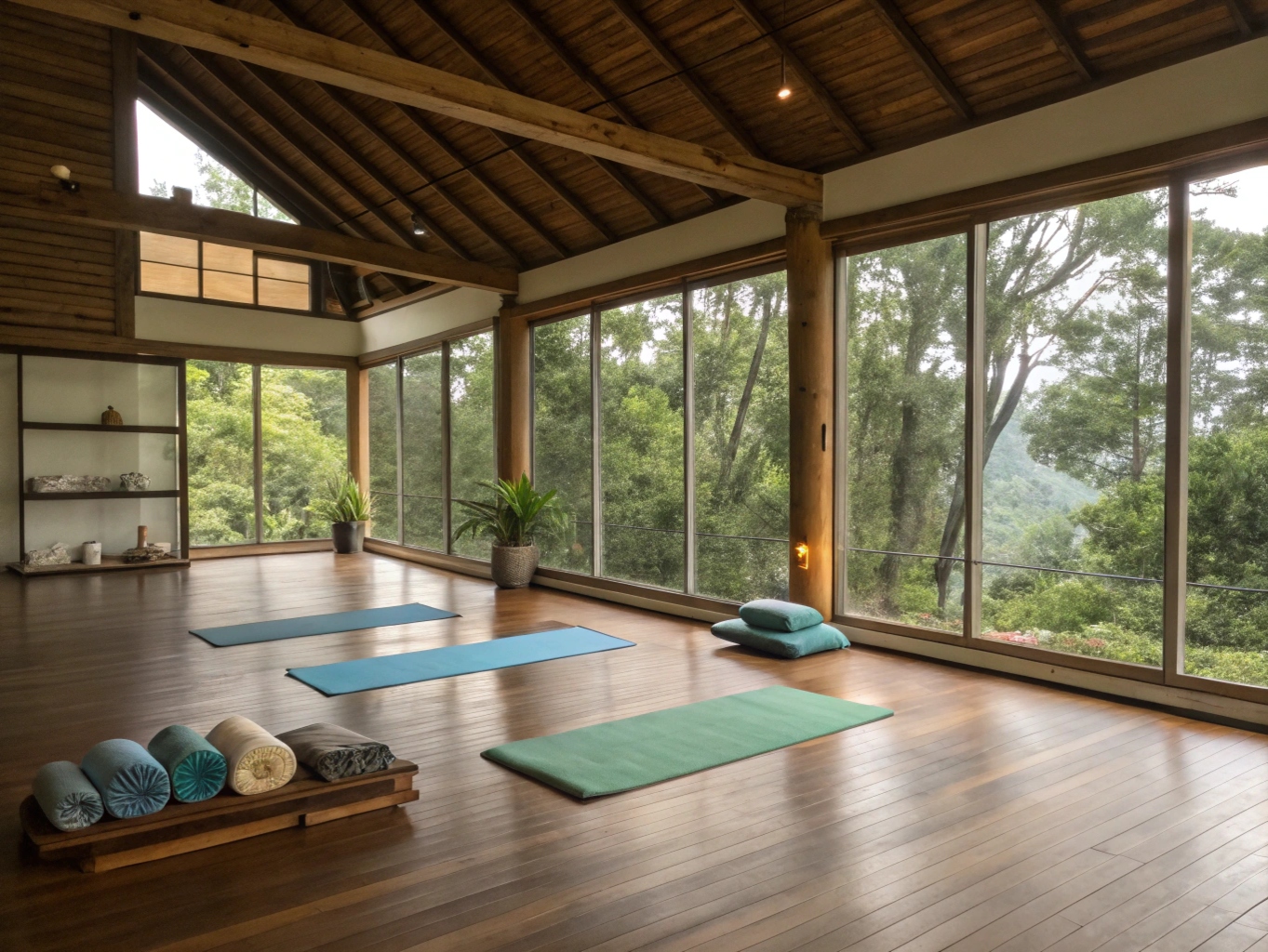 Yogastudio med naturligt ljus och trädetaljer